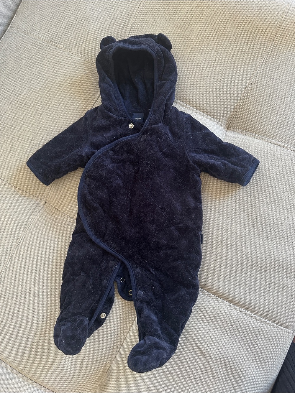GAP Navy Plush Hooded Footed pram suit with Ear Detail